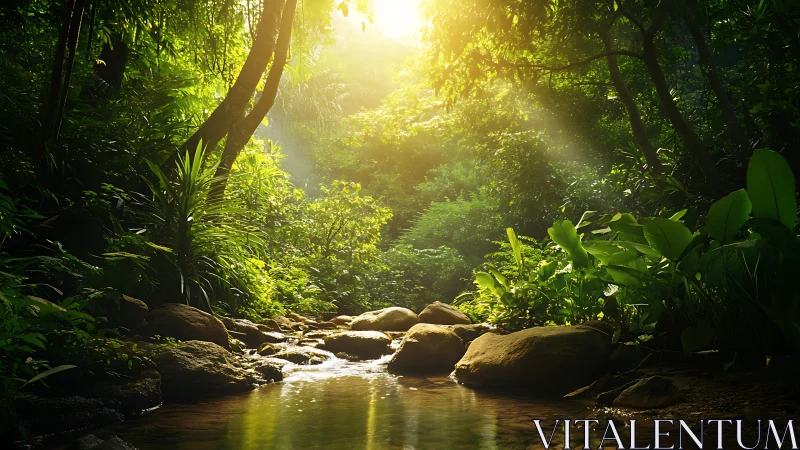 Sunlit Forest Stream: Nature's Hidden Sanctuary.