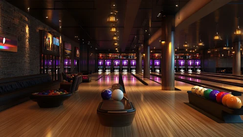 Moody luxury bowling alley glows with vibrant neon lanes