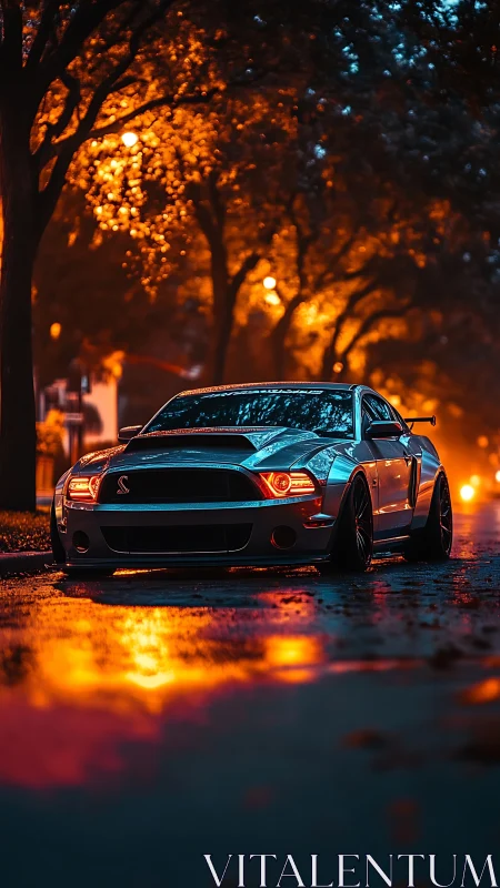 Photorealistic muscle car on rain-soaked street at dusk.