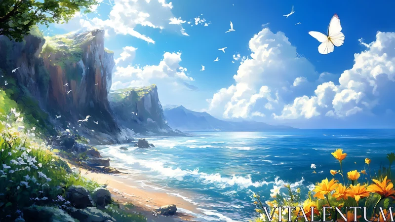 High-saturation coastal landscape with dynamic lighting and aerial fauna