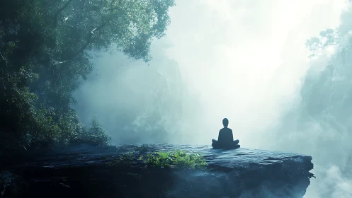 Solitary figure meditates on rocky ledge above misty gorge
