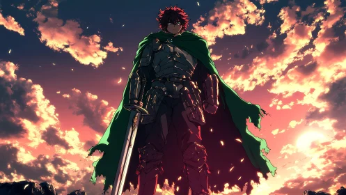 Lone armored hero at sunset beneath blazing clouds.