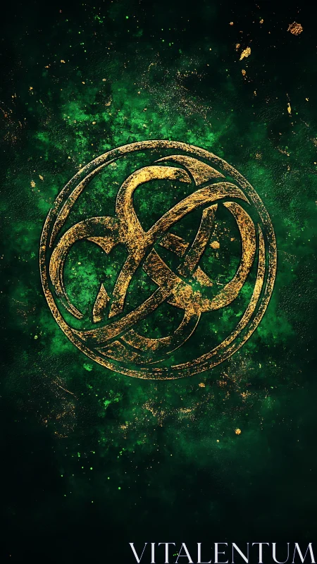 Golden Celtic knot emblem on textured emerald nebula field.