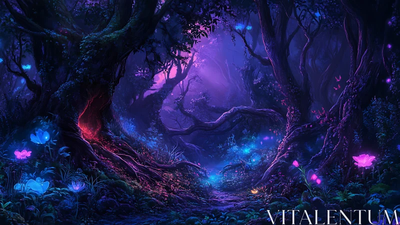 Bioluminescent Forest Cavern with Glowing Flora.