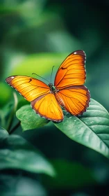 Orange butterfly spreading wings on emerald foliage.