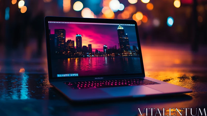 Neon city skyline hums softly inside a streetlit laptop