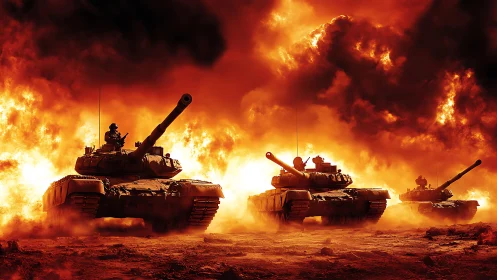 Military tanks advancing through inferno of fire and dust