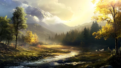 Golden mountain valley stream under glowing autumn light.