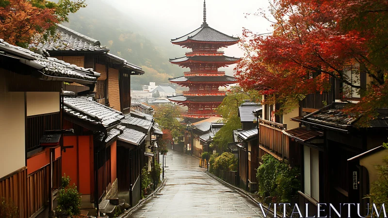 Photorealistic rainy Kyoto street with pagoda perspective focus.