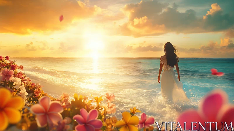 Backlit woman in white dress walking shoreline at vivid sunset