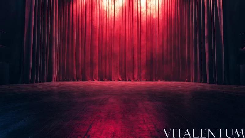 Velvet stage curtain glows under cinematic theatrical lighting.