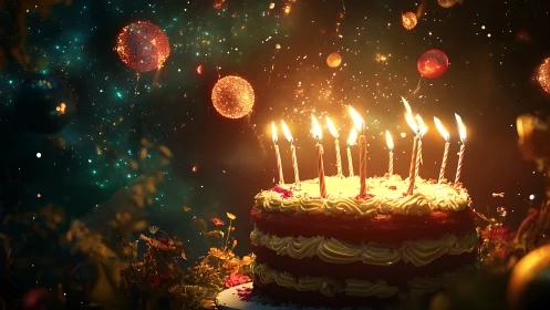 Illuminated Birthday Cake with Glowing Candles and Magical Particle Effects