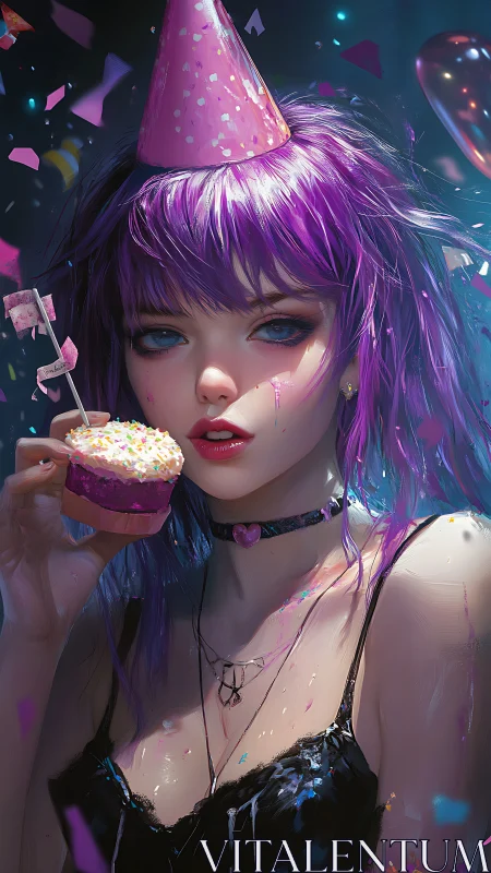 Digital rendering of female figure with purple hair wearing party attire
