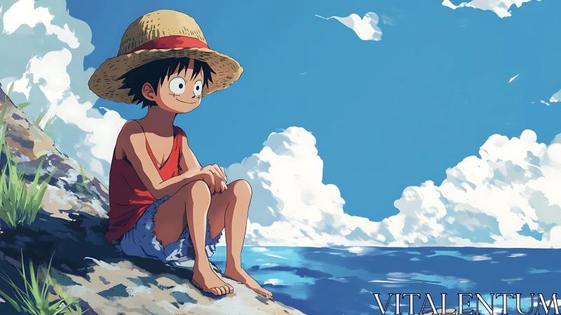 Sunny shore daydreams with a cheerful straw-hat kid