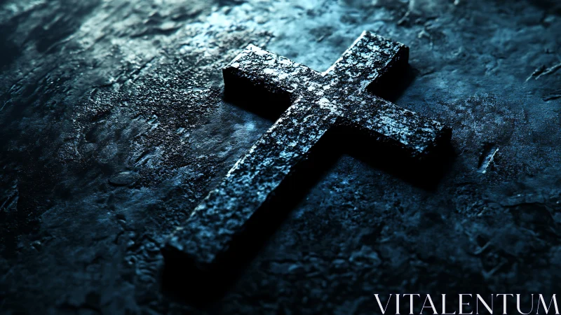Stone cross lies on textured surface under directional light