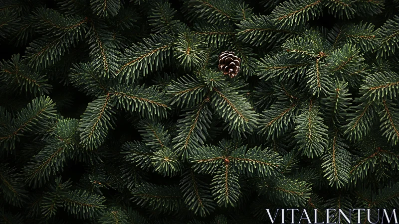 Dense evergreen fir branches with single illuminated pinecone