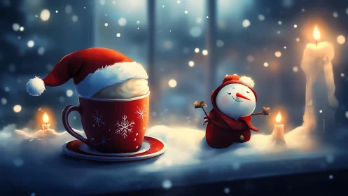 Festive red mug and snowman figurine amid soft-focus candlelit snow