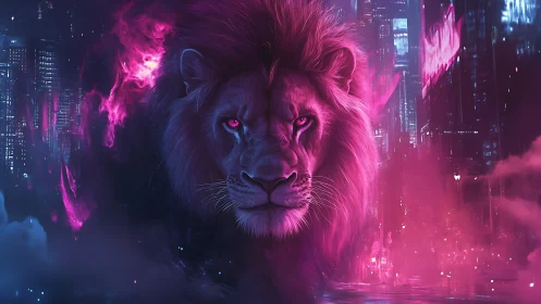 Neon cyberpunk lion dominates glowing futuristic city