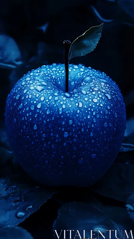 Blue dewdropped apple stands against dark leafy background