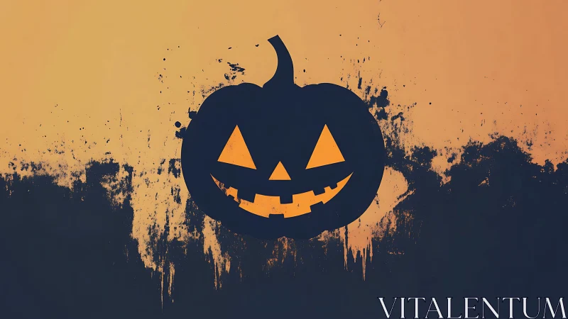 Grinning jack-o’-lantern silhouette over splattered dusk sky.