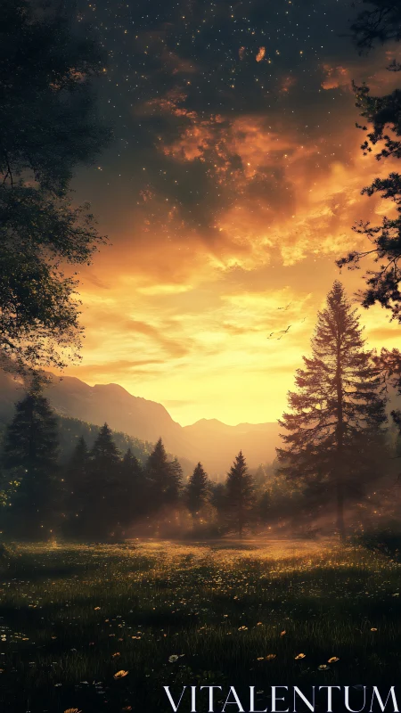 Golden sunset glows gently over a quiet mountain forest