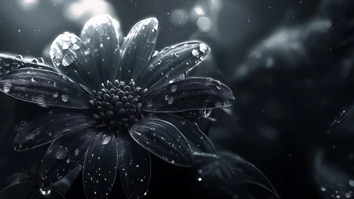 Monochrome macro flower with specular raindrop highlights.