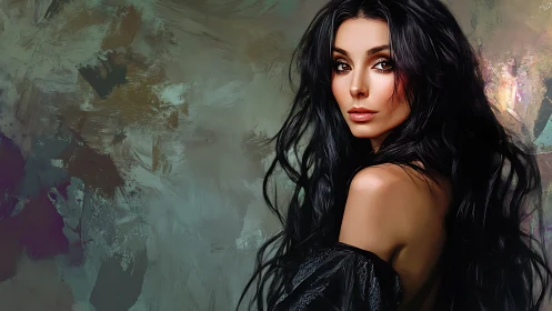 Digital portrait shows dark haired woman against abstract wall