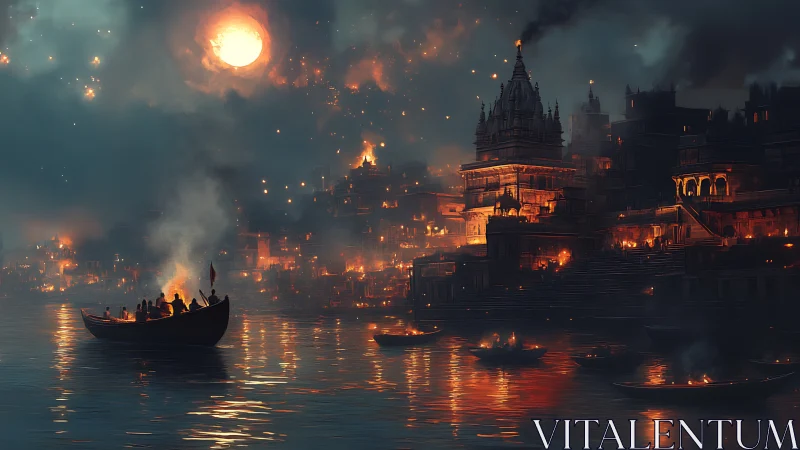 Moonlit river of embers beside a burning temple city.