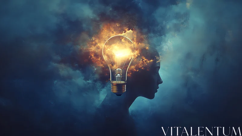 Human head silhouette merged with glowing light bulb form.