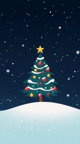 Snowy hill cradles a starlit Christmas tree in quiet glow