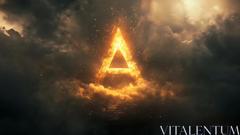 Fiery triangular portal burns through stormy dark clouds.