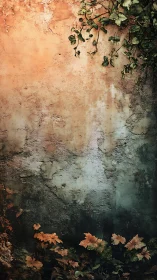 Weathered wall with creeping vines and autumn flowers.
