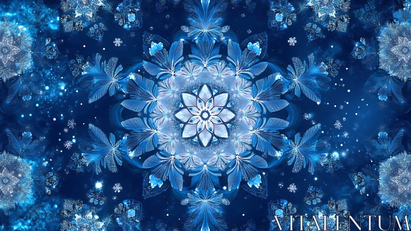 Shimmering winter mandala of snowflakes and crystal petals.