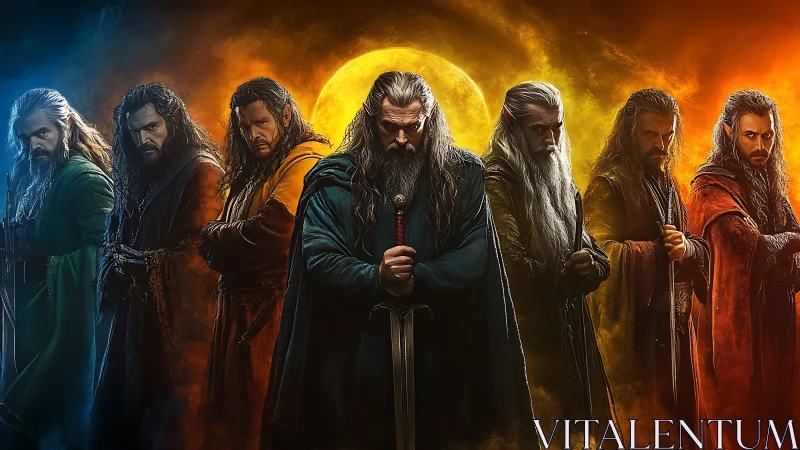 Seven robed warriors posed before a glowing eclipsed sun.