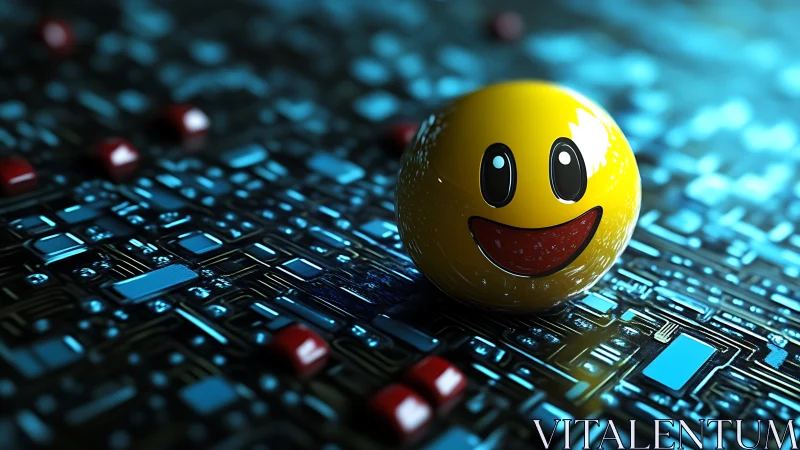 Smiley sphere reflects neon circuits on glossy motherboard