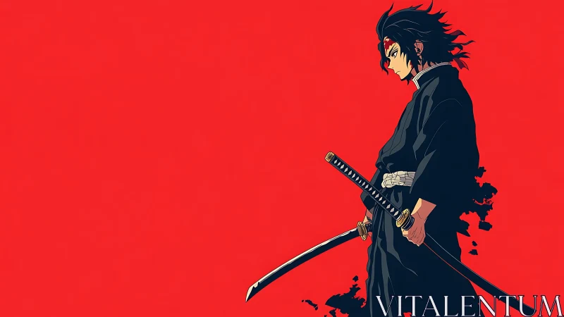 Dark haired swordsman stands against stark red backdrop