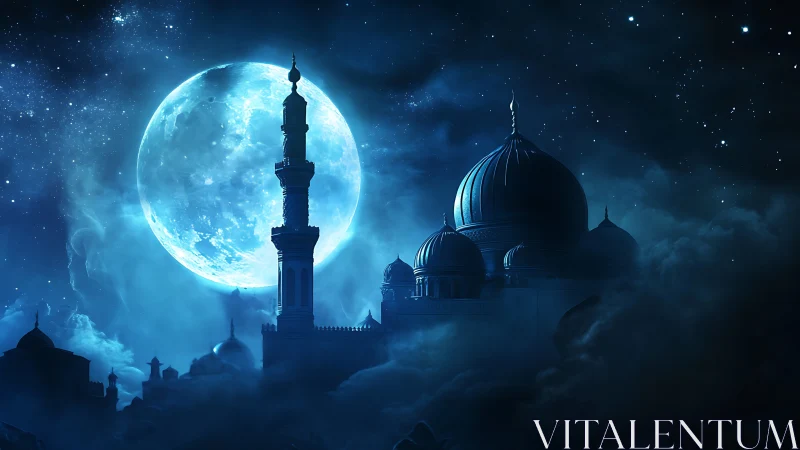 Moonlit mosque skyline rests beneath a glowing night sky