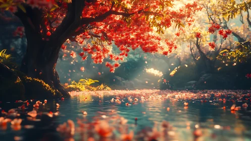 Sunlit vermilion blossom tree over reflective forest pool