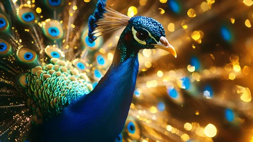 Colorful peacock close-up with spread tail and bokeh lights.
