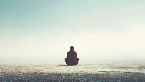 Solitary hooded figure sits on vast foggy landscape horizon