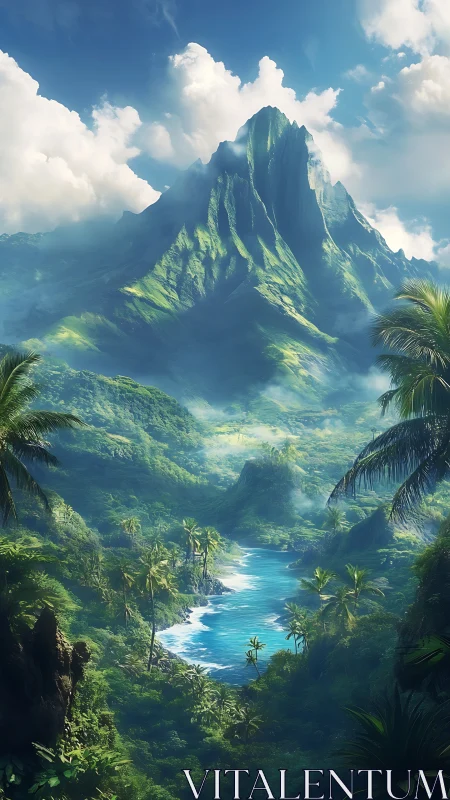 Lush Tropical Paradise With Majestic Mountain Peak