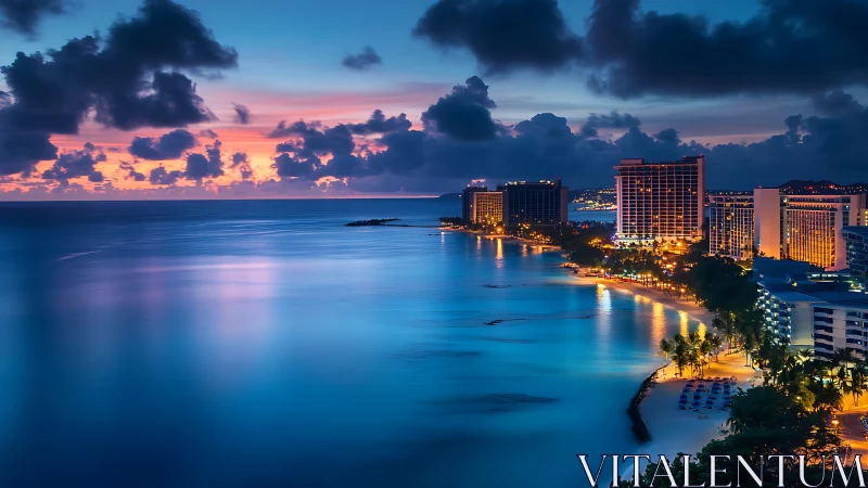 Tropical city shoreline glows under deep blue twilight sky.