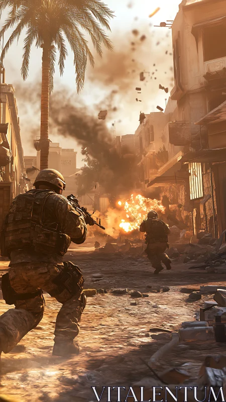 Soldiers push through blazing urban street under explosion.