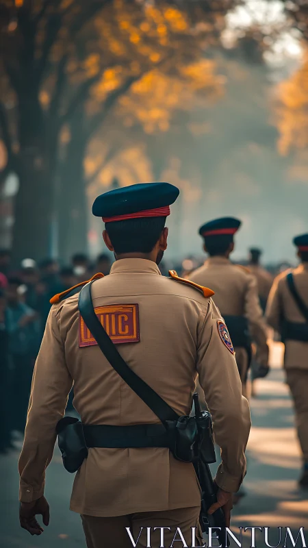 Dedicated officers walking together through soft evening light.
