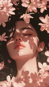 Sunlit petals cast soft shadows over a resting feminine face