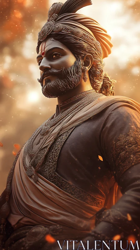 Regal warrior figure in ornate attire with warm bokeh light.