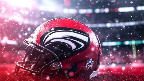 Red NFL football helmet glows under stadium snowlights.