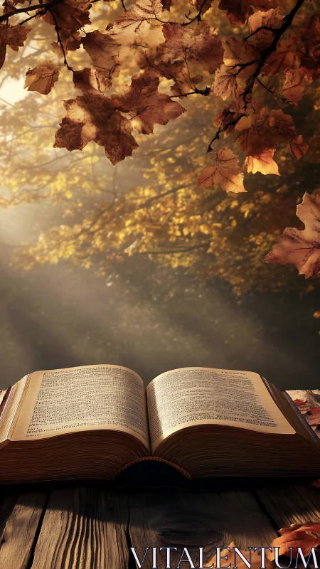 Open book on wooden table under autumn foliage sunlight.