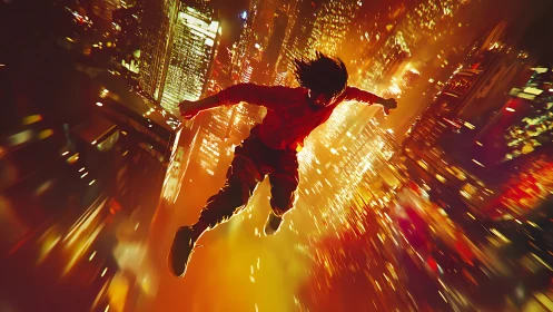 Kinetic rooftop plunge through neon cityscape with motion blur