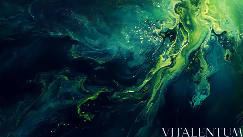 Green and blue abstract fluid waves in dark swirling motion.